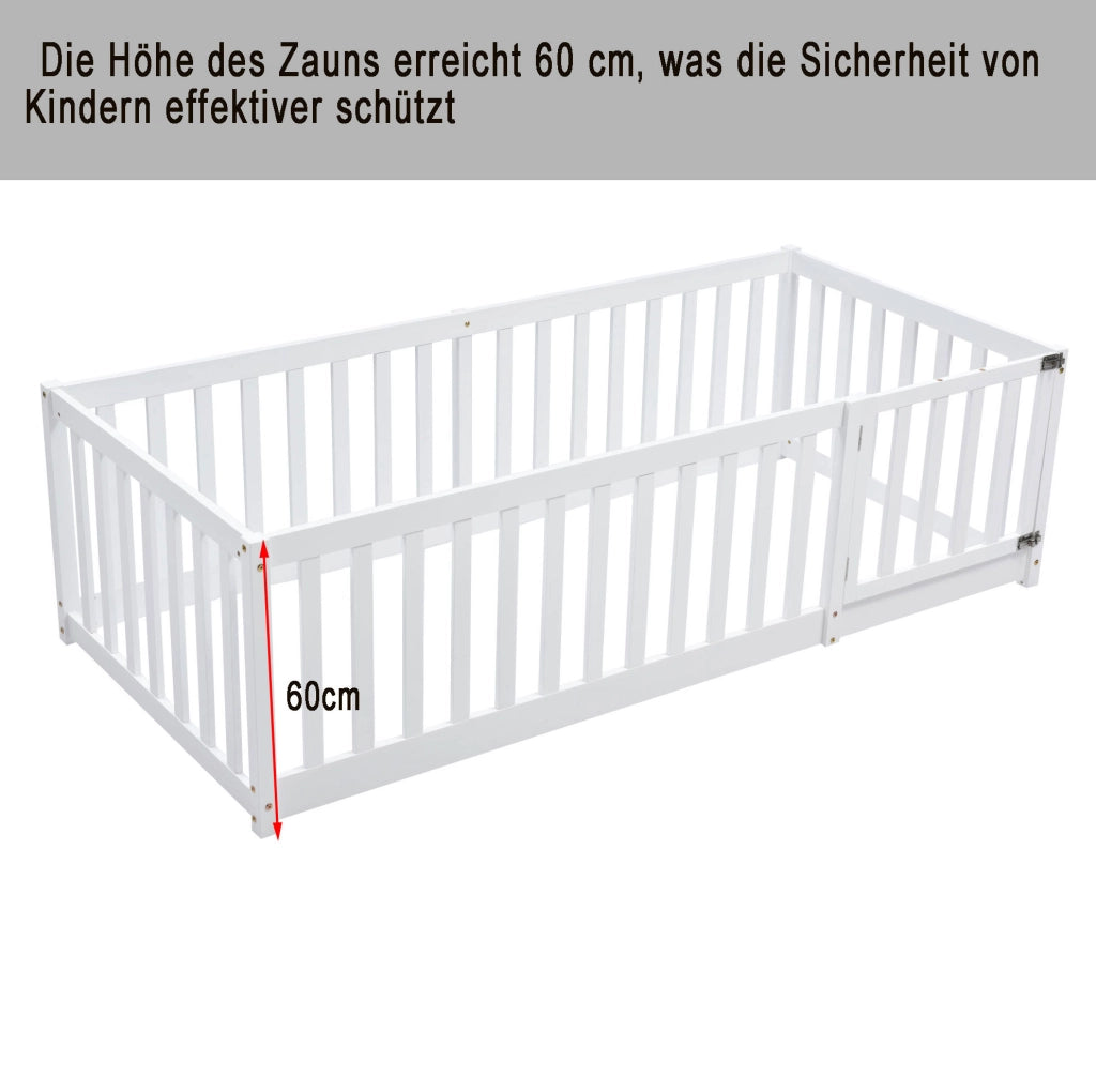 Letto a pavimento per bambini ULEVR 90x200 cm con recinto e porticina apribile, bianco