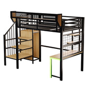 Letto a soppalco 90×200 cm e 140×200 cm con scrivania; ripiani; scala; LED e prese; senza materasso; metallo; nero