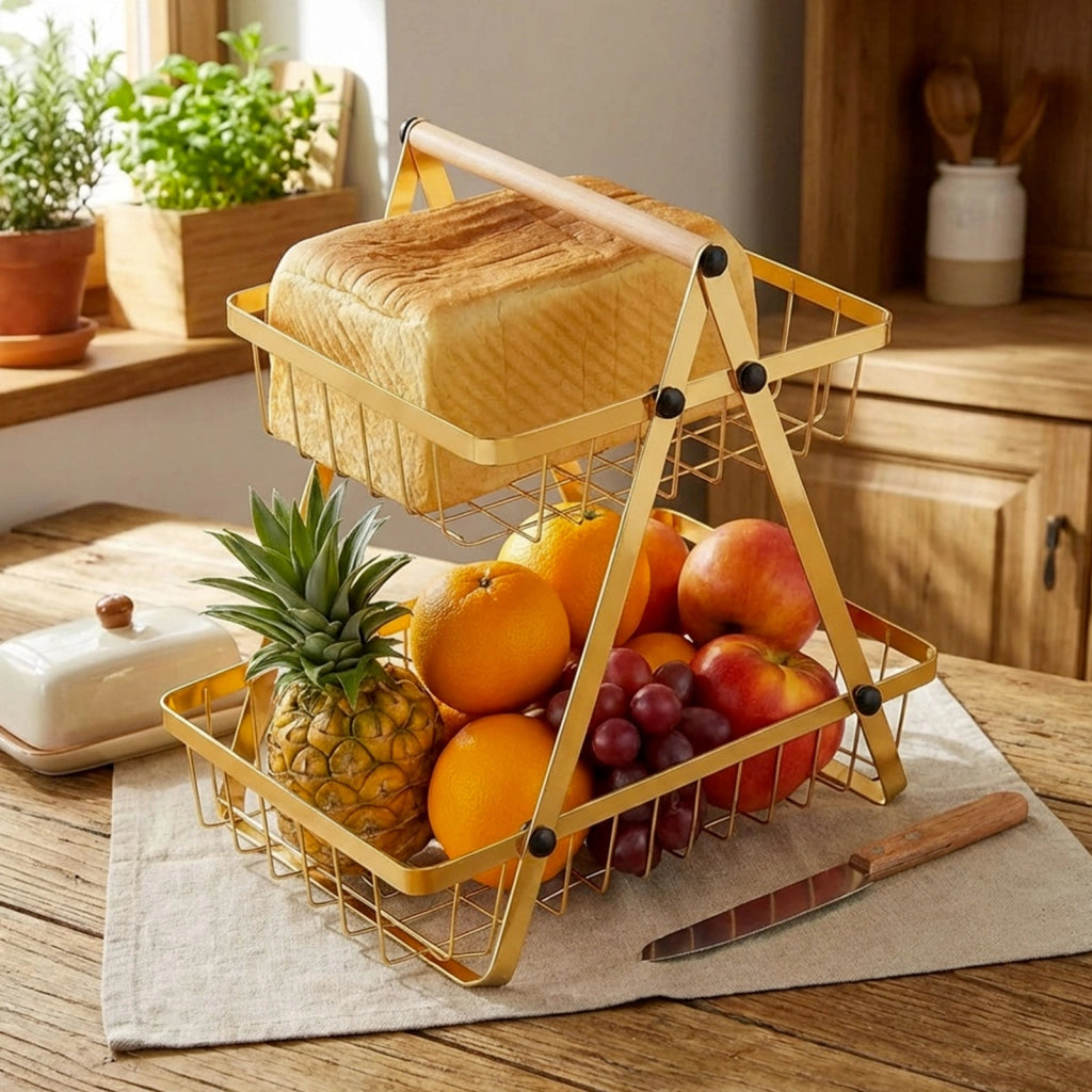 Cesto per Frutta e Verdura 2 Piani Inossidabile con Manico in Legno Dorato Cheffinger