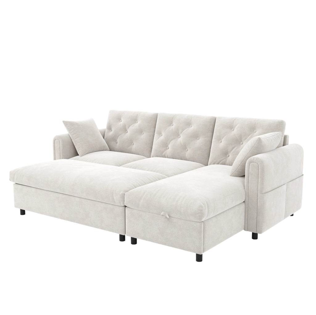 Divano con chaise longue e pouf contenitore; 219 x 131 x 86 cm; beige