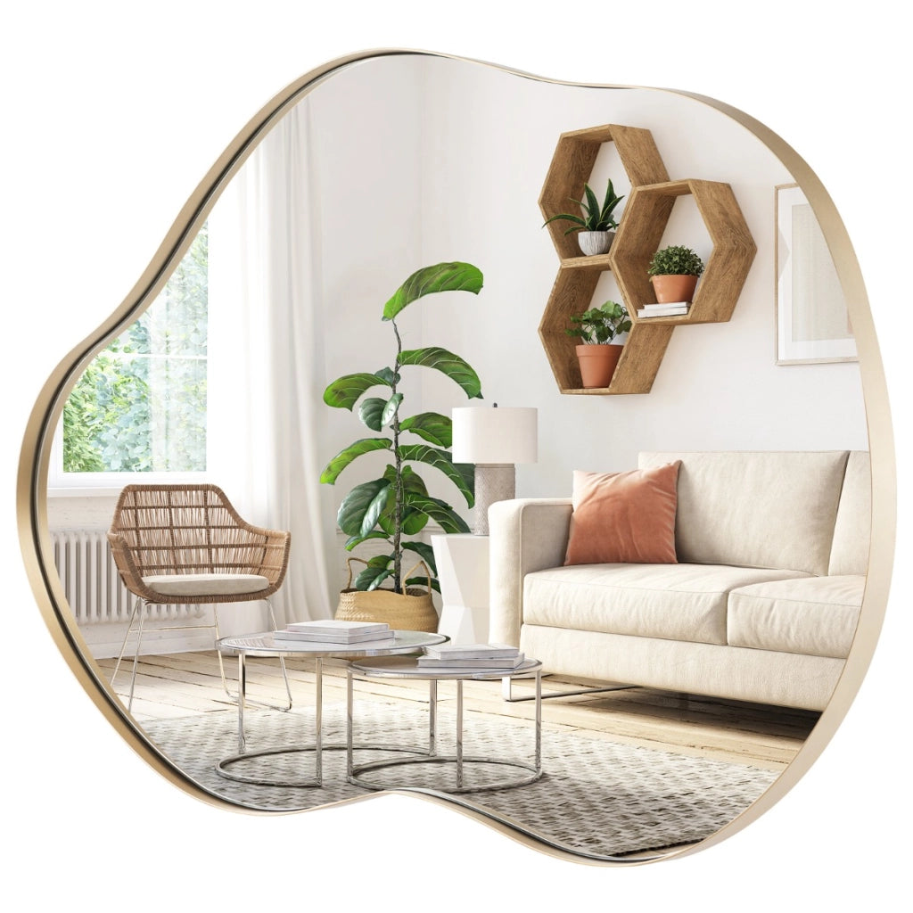 Specchio da parete asimmetrico con base posteriore premium da 78x56,5cm, Specchio da parete a forma irregolare Oro-Specchi da parete