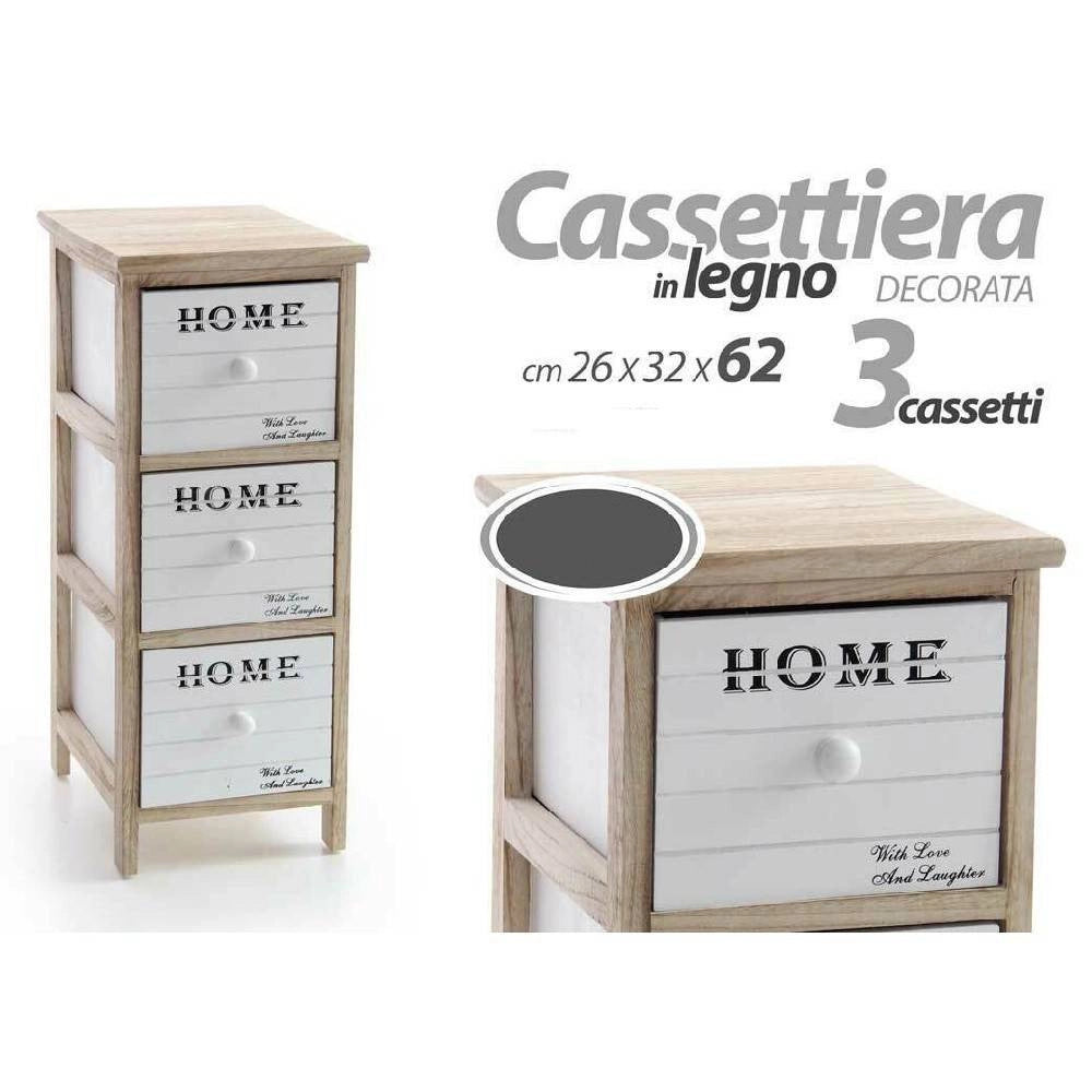 Trade Shop - Cassettiera 3 Cassetti H62 26x32cm Bianca Legno Naturale Moderna Portaoggetti -