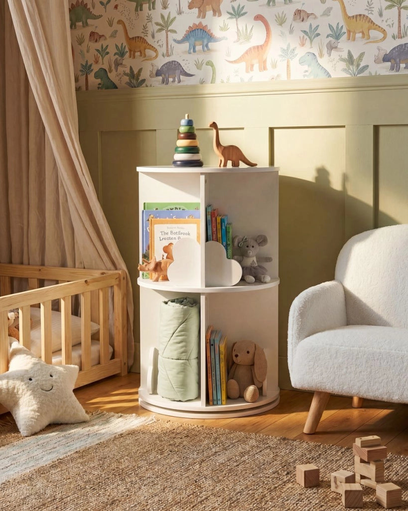 Libreria Rotante Bianca in MDF a 2 Ripiani con Motivo Nuvola per Cameretta Bambini