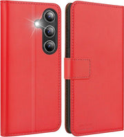 Portamonete in pelle per Samsung Galaxy S25 - Rosso - MagFlip - Resistente allo shock - Tessera di apertura - Posizione di riposo standard