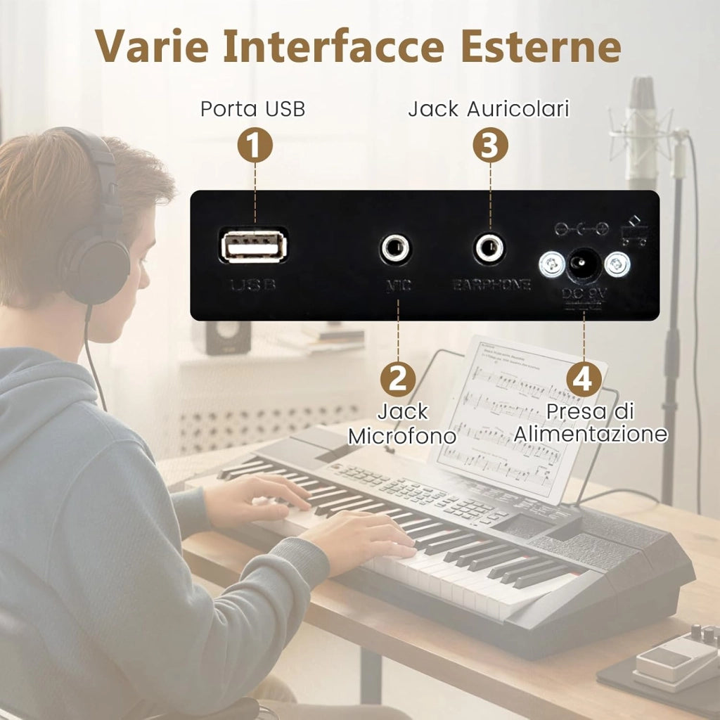 Tastiera Pianoforte a 54 Tasti per Principianti, Pianoforte Digitale con 200 Ritmi e 200 Suoni, 60 Demo, Leggio, Strumento Musicale Educativo per Bambini, Adolescenti e Adulti, Nero