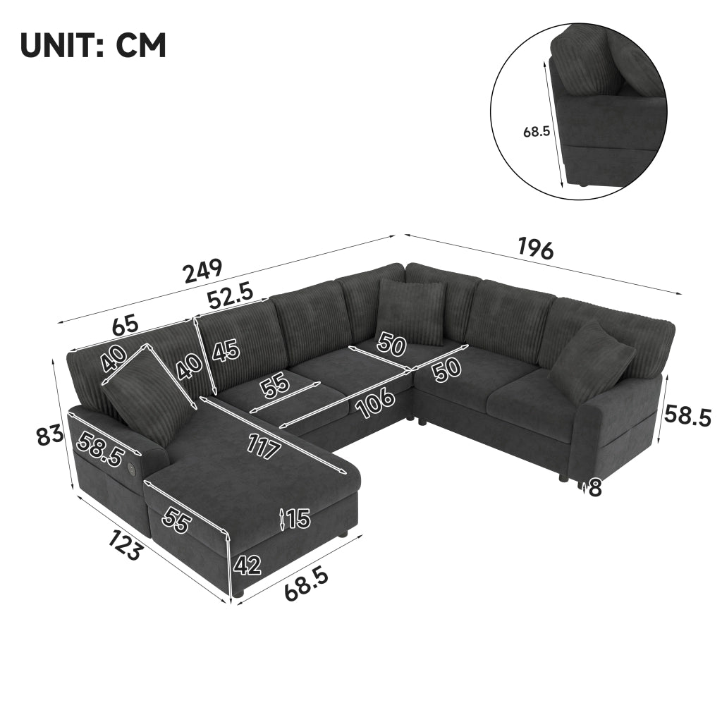 Divano angolare a U con chaise longue; 3 cuscini; USB e Type-C in chenille grigio