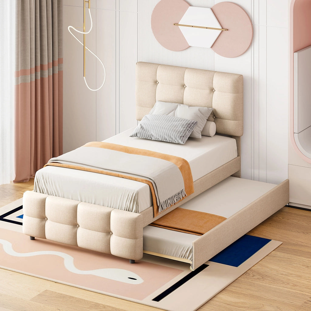 Letto Singolo Imbottito Estraibile ¨C MINIMAL ¨C Testiera Regolabile, Tessuto Beige, 90x200