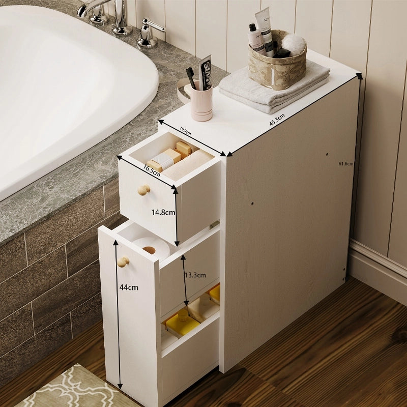 Mobile da bagno stretto a colonna, bianco, con cassetti e ripiani, in stile moderno