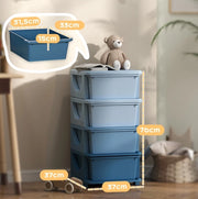 Mobile contenitore ULEVR per bambini 37x37x76 cm con 4 cassetti estraibili e seduta, plastica blu