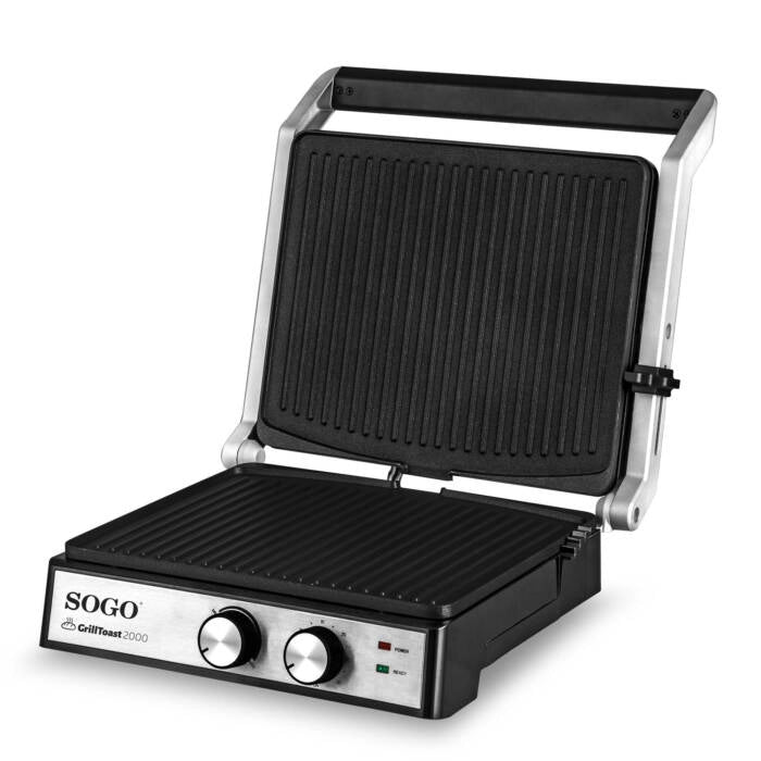 Piastra grill elettrica 2000W apribile 180°, piastre antiaderenti ceramiche con termostato e vassoio raccogli grasso - Sogo