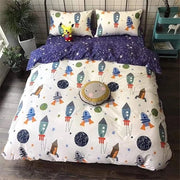 Coperta per bambini, 135 x 200 cm, cotone, coperta per bambini, maschi, coperta con chiusura a raccordo, disegno invertibile, bianco, blu, design con razzo, stelle, schema planetario, con cuscino 80 x
