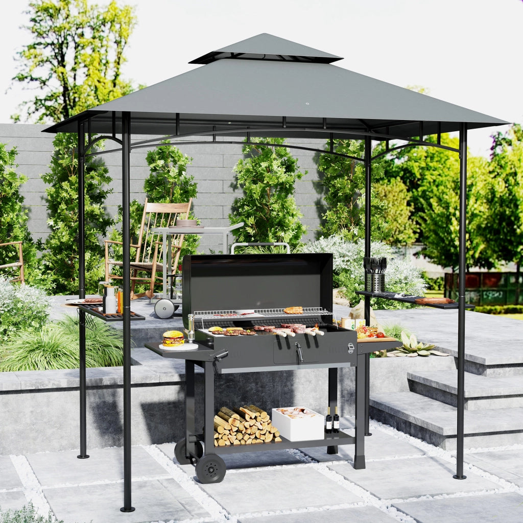 Gazebo barbecue ignifugo con LED 240 x 150 x 258 cm doppio strato di tetto mensole laterali protezione UV colore grigio scuro per giardino e feste