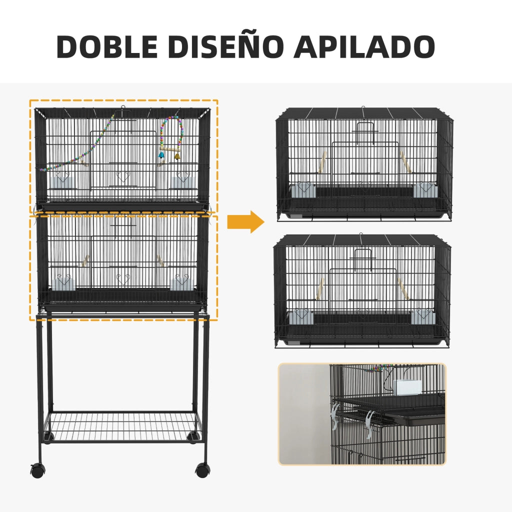 Gabbia per Uccelli Doppia Impilabile con Ruote Posatoi Vassoio Estraibile Altalena Scala ¨C Xylo ¨C 77x46x164 cm Nero