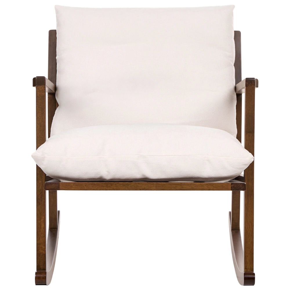 Poltrona a dondolo con rivestimento in poliestere struttura in legno di gomma marrone stile scandinavo tessuto beige chiaro
