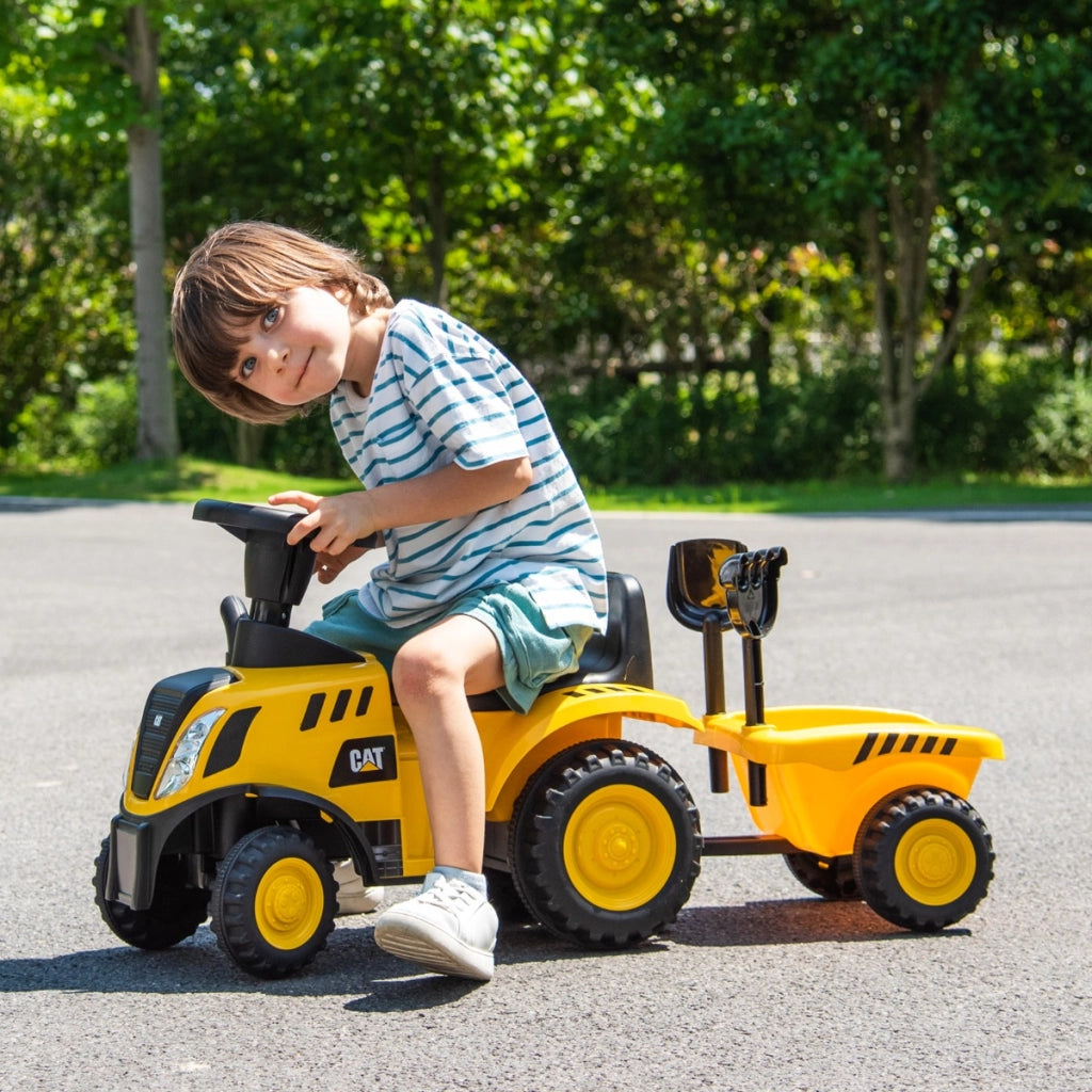 Trattore cavalcabile per bambini 1,5-3 anni con rimorchio staccabile pala rastrello clacson, Trattore scorrevole Giallo-Macchinine giocattoli
