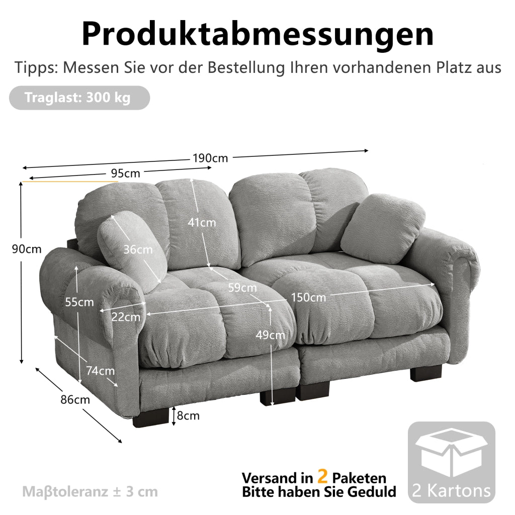 Divano modulare a 2 posti in ciniglia con cuscini trapuntati e schienale ergonomico, per soggiorno, grigio chiaro