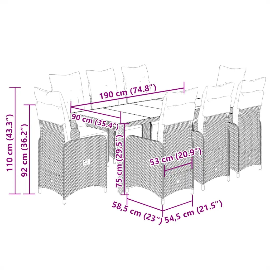 vidaXL Set Bistrò da Giardino 9 pz con Cuscini in Polyrattan Nero