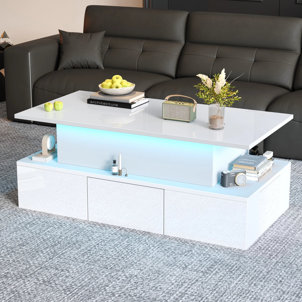 TAVOLINO Alzabile 100x50x40 cm MDF Bianco Lucido con 4 Cassetti e LED