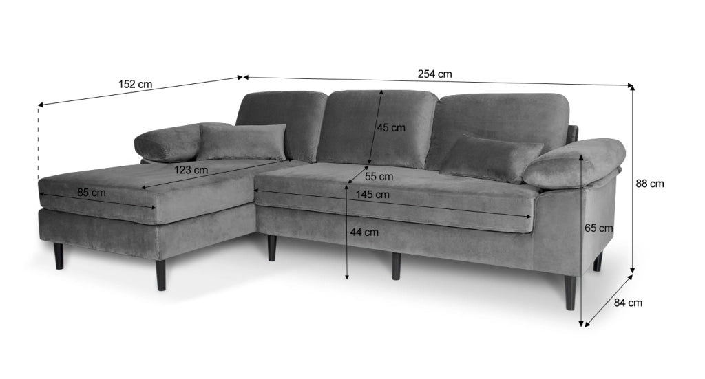 Divano angolare 3 posti con chaise longue sinistra velluto grigio - Washington - DI-WA01VLT-CLSX