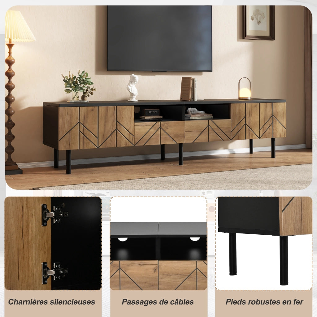 Mobile TV con 2 cassetti e 2 ante; per soggiorno; in pannello truciolare; nero e naturale; 180 × 40 × 45 cm
