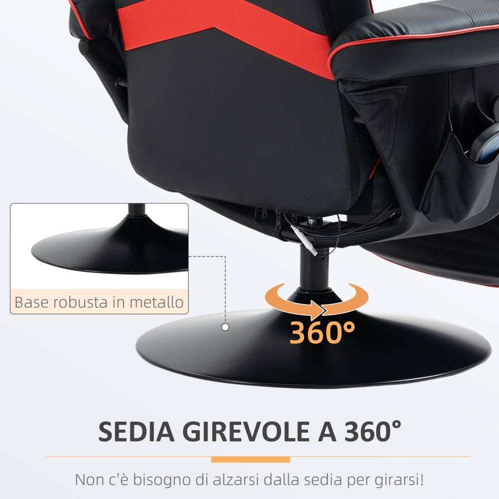 Sedia da Gaming Massaggiante con Poggiapiedi e Cuscino, in Finta Pelle, 78x80x111.5 cm, Nero e Rosso