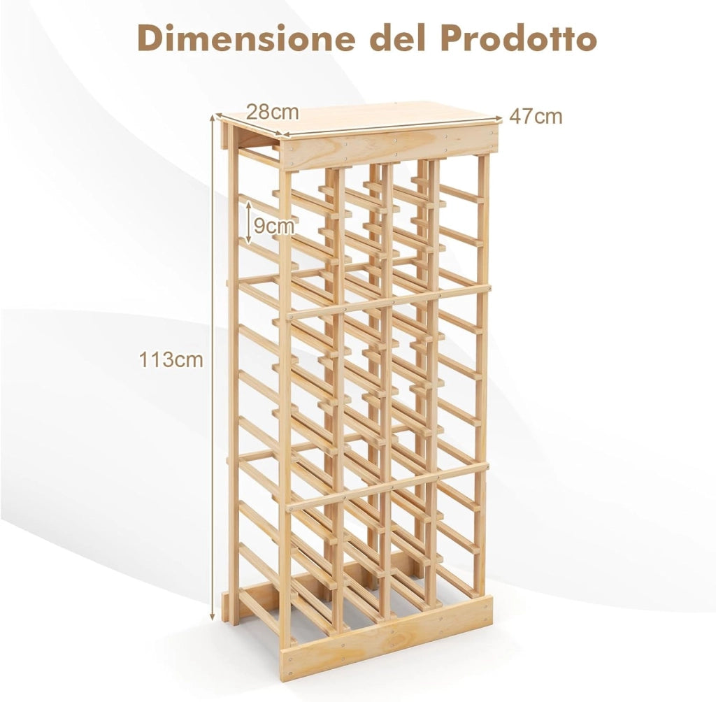 Portabottiglie di Vino, Scaffale per 40 Bottiglie di Vino in Legno di Pino, Cantinetta Porta Vino, 113 x 47 x 28 cm (Senza Traversa)