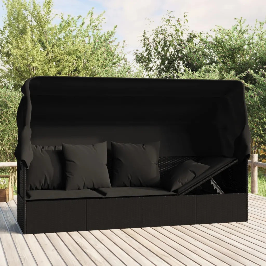 Lettino Prendisole | Sdraio da giardino | Lettino da sole Esterno con Tetto e Cuscini Nero Polyrattan