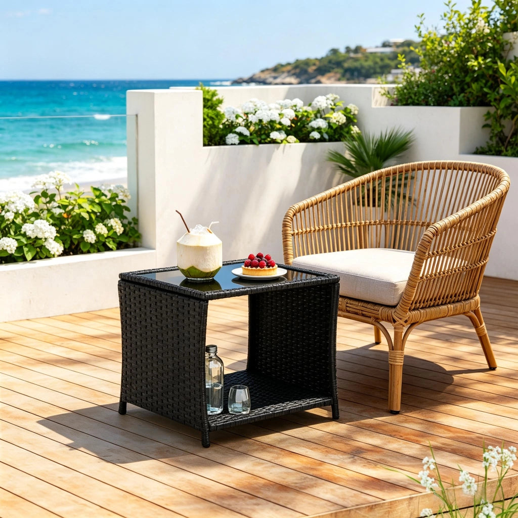TAVOLO DA GIARDINO IN POLYRATTAN CON VANO PORTAOGGETTI 45 x 45 x 40 cm NERO