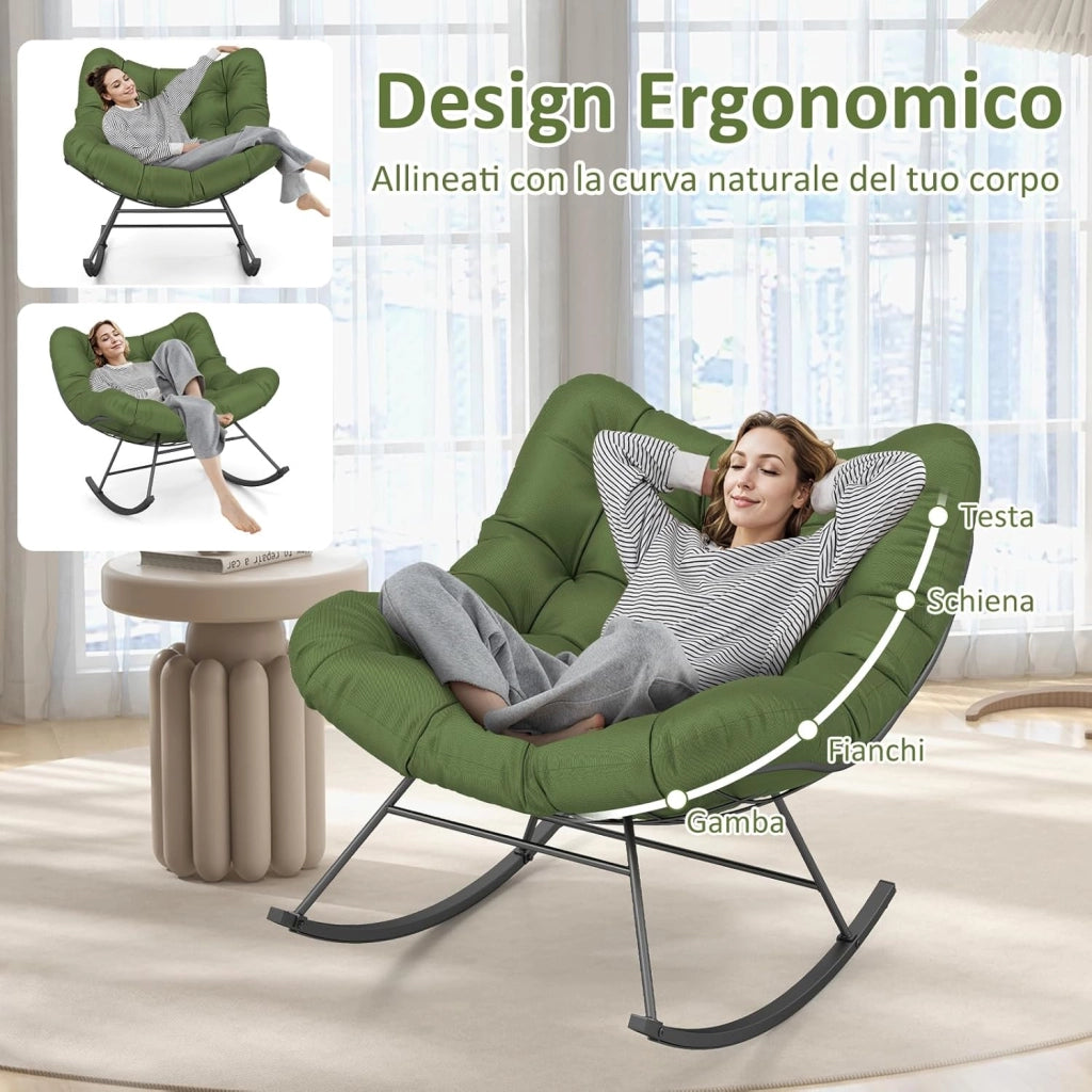 Sedia a Dondolo, Poltrona Relax Ergonomica, Poltrona Sovradimensionato con Cuscino Imbottito, con Struttura Metallica, per Soggiorno Portico Giardino, Portata 205 kg (Verde)