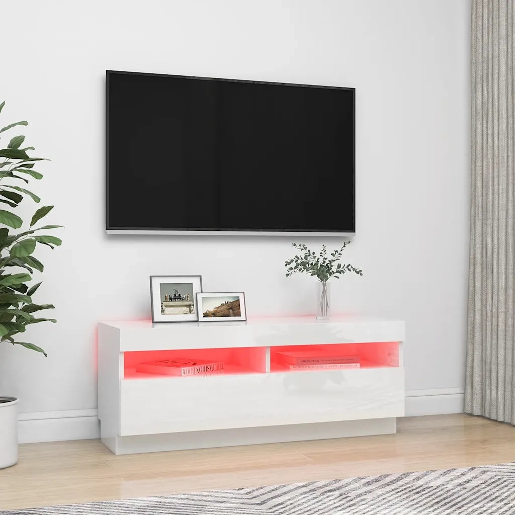 Mobile TV | Armadietto TV | Mobile Porta TV con Luci LED Bianco Lucido 100x35x40 cm