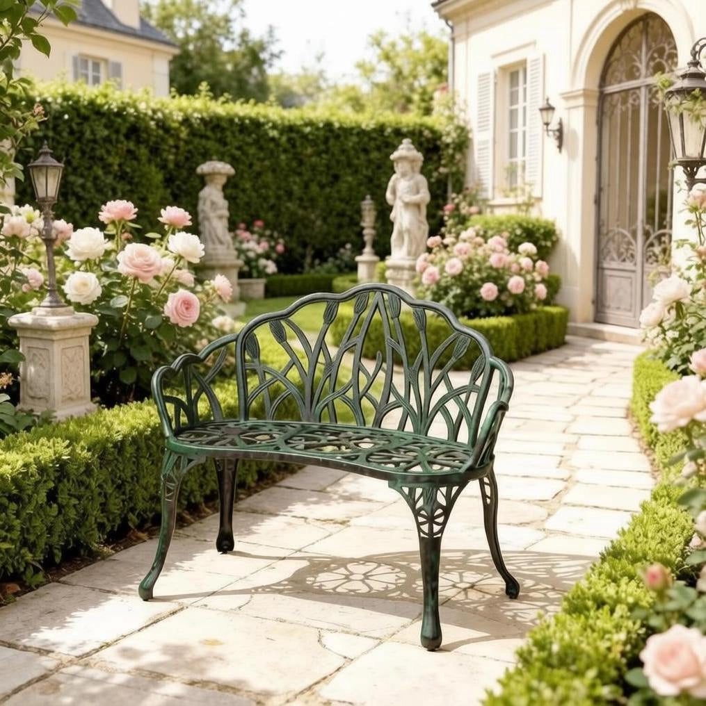 Panchina da giardino verde in alluminio pressofuso per 2 persone