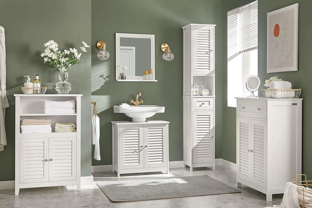 Armadio da Bagno – Mobile da Bagno Salvaspazio con Ripiani e Porte, Credenza in Legno Stretto per Corridoio e Soggiorno, Bianco, 60 x 90 x 26 cm, BZR13-W