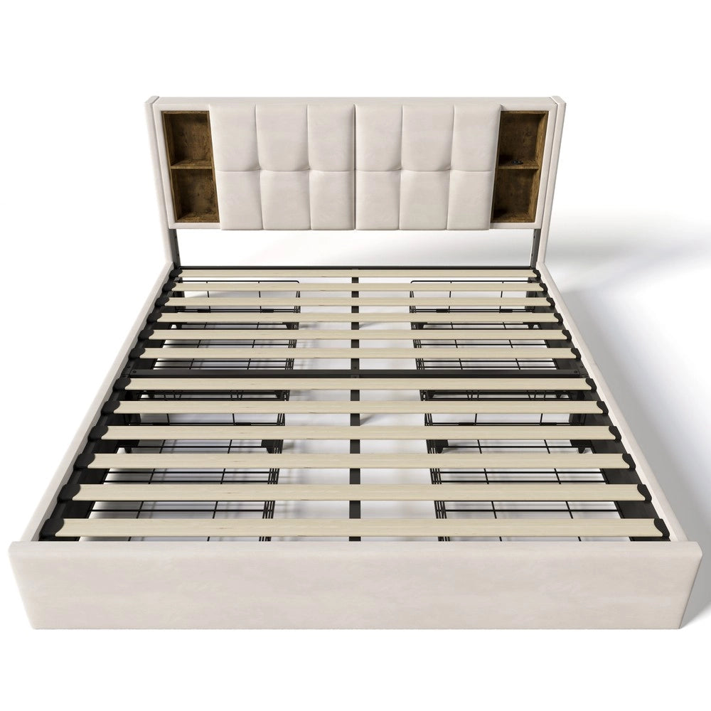 Letto Matrimoniale Imbottito con Cassetti e Ricarica USB ¨C MINIMAL ¨C Velluto Beige 160x200