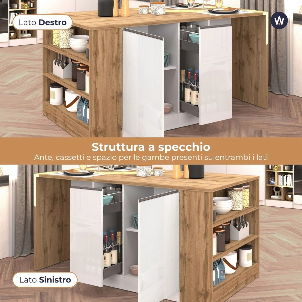WHOUS Isola da cucina Sole 2 ante 2 cassetti e 1 scaffale bianco lucido/rovere 168x90x91 cm