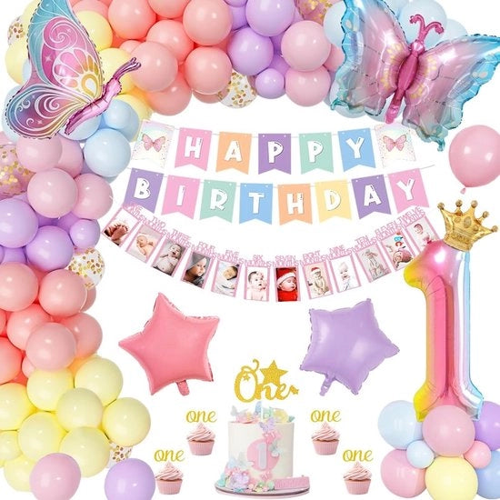 Decorazioni di compleanno per il primo compleanno - Set di festa con farfalle - Palloni pastello - Banner fotografico - Pallone di carta n. 1 - 8 pezzi da 25,4 cm - Decorazioni di festa