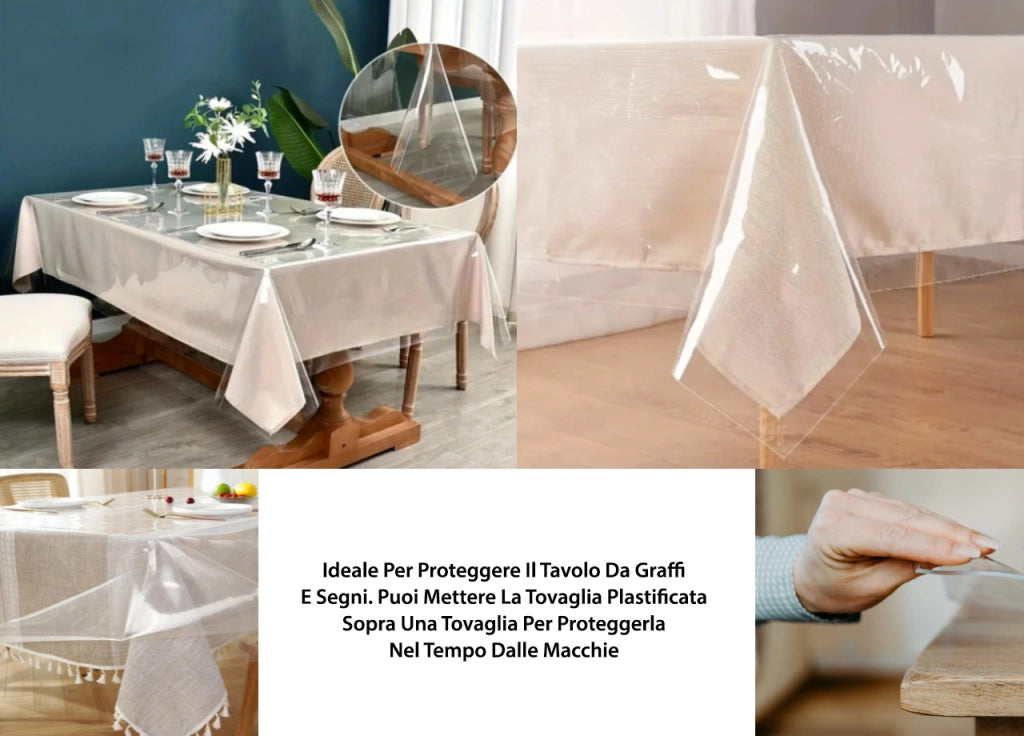 Tovaglia Antimacchia Plastificata PVC Trasparente Proteggi Tavolo - 140x190 - Trasparente
