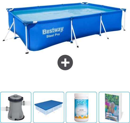 Piscina in Acciaio Reclinata - 300 x 201 x 66 cm - Blu - Inclusa Pompa - Copertura - Chiusura con Chiusura - Guida alla Piscina