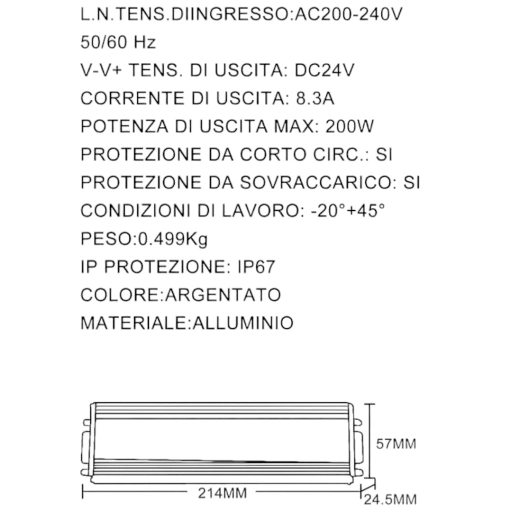 ALIMENTATORE TRASFORMATORE DA ESTERNO METALLICO STABILIZZATO SWITCHING IMPERMEABILE IP67 220V-24V 8.3A DA 200W