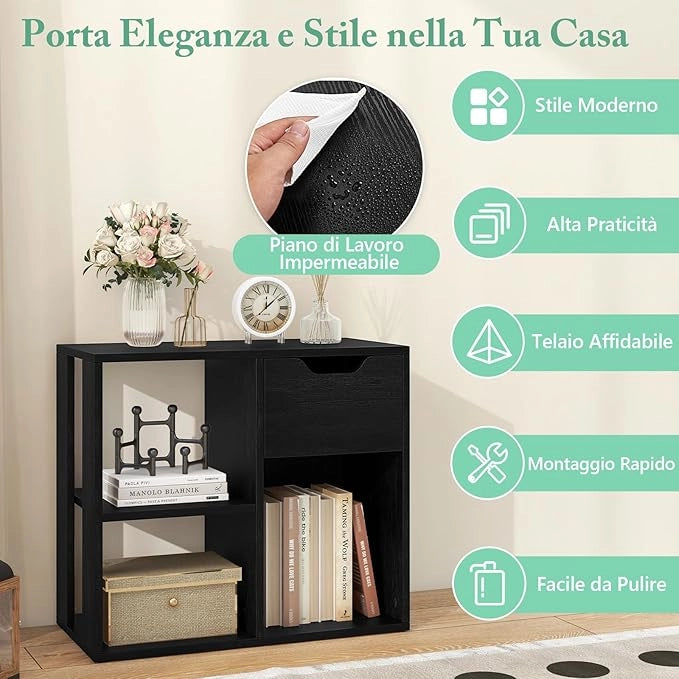 Libreria Scaffale, Libreria Bianco in Legno con Cassetto e 3 Cubi, 60 x 30 x 53 cm, Scaffale Multiuso per Soggiorno, Ingresso, Ufficio e Cameretta (Nero)