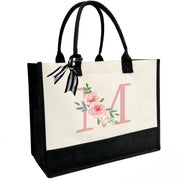 Borsa di tela personalizzata con tasca interna chiusura a righello, cinturini laterali doppi, sacchetto di juta con monogramma per uso quotidiano e viaggi, lettera M rosa, unico modello.