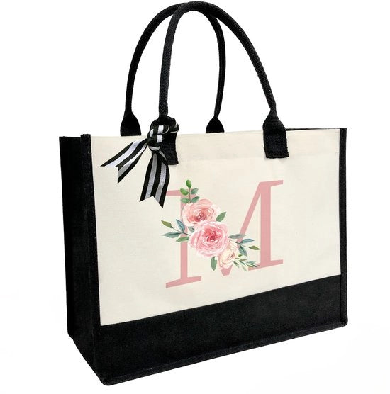 Borsa di tela personalizzata con tasca interna chiusura a righello, cinturini laterali doppi, sacchetto di juta con monogramma per uso quotidiano e viaggi, lettera M rosa, unico modello.