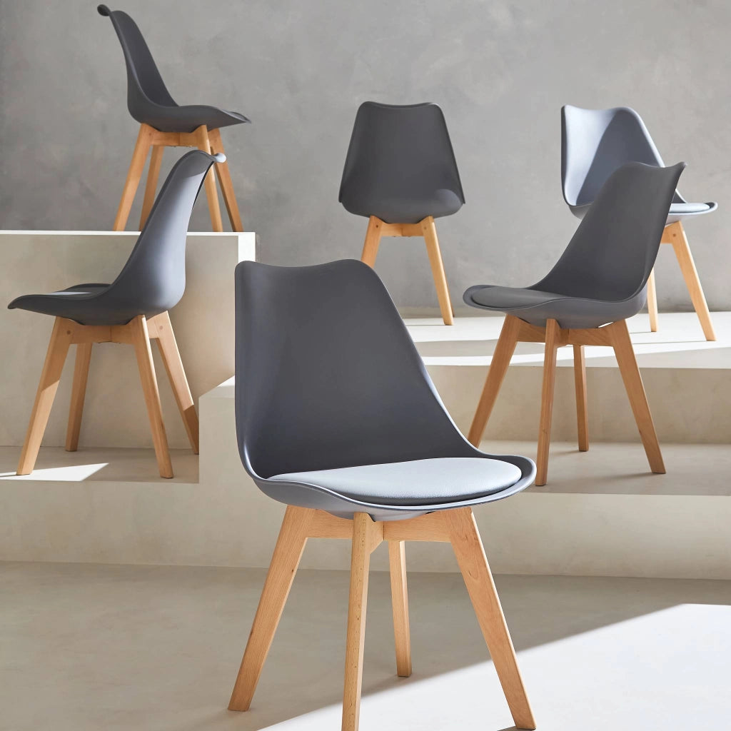 Set 6 sedie scandinave imbottite, gambe in legno per sala da pranzo,
