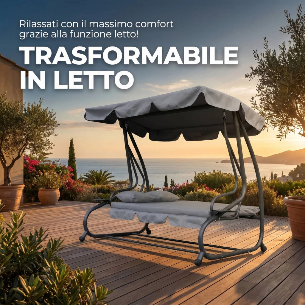 Marvin Harmony Dondolo Letto da Giardino 4 Posti con Tetto Parasole Struttura in Acciaio e Cuscino Imbottito 10 cm Altal