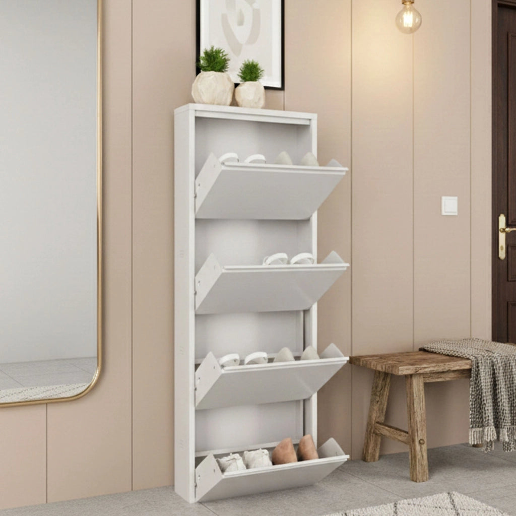 Scarpiera Axe, Mobile portascarpe in metallo, Armadio da ingresso multiuso, Mobiletto per calzature, 50x15h138 cm, Bianco