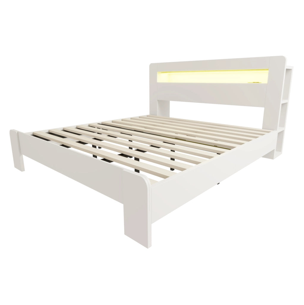 Letto matrimoniale ULEVR 180x200 cm con testiera contenitore, LED e prese integrate, bianco