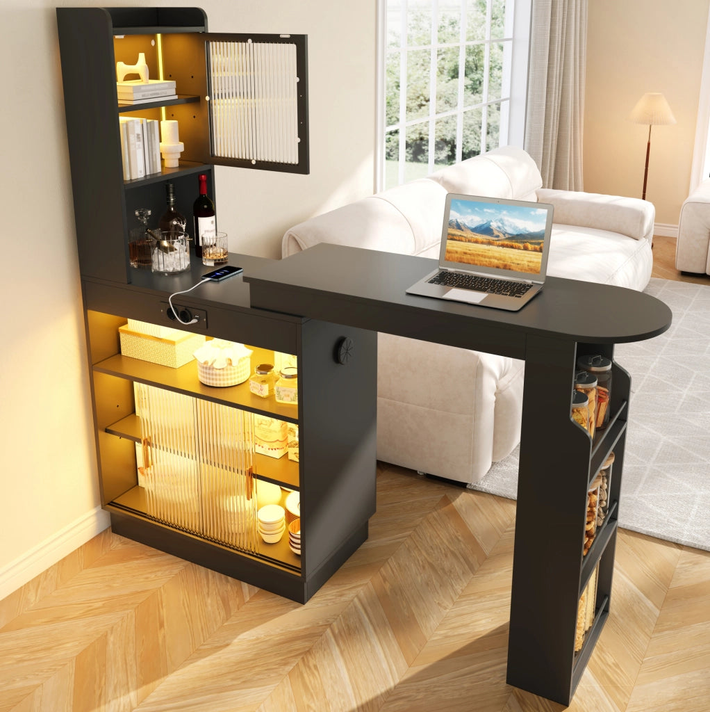 Bartisch ausziehbar mit Stauraum, LED-Beleuchtung, USB-C Anschluss, Schwarz, 131–170 × 40 × 170 cm