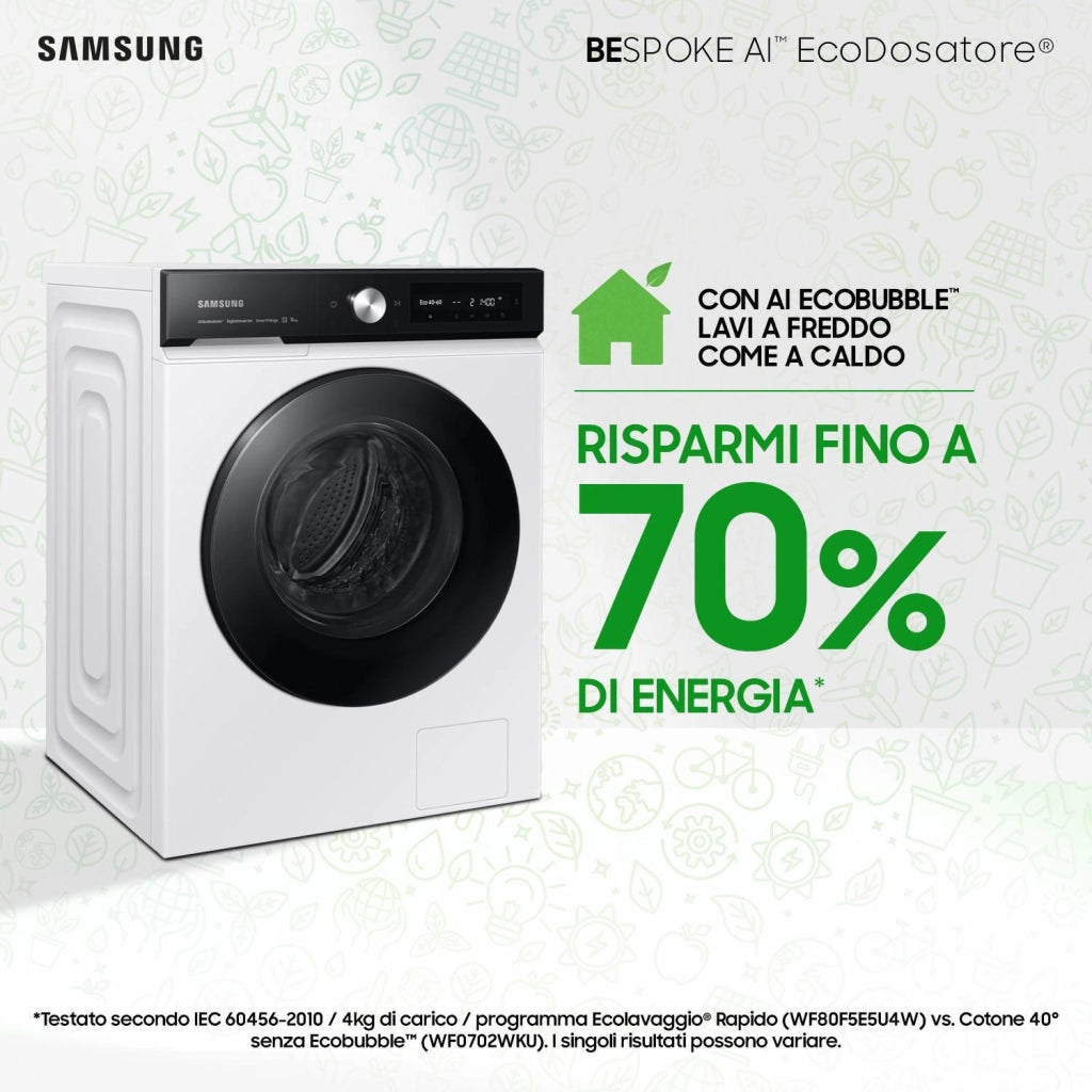 SAMSUNG BeSPOKE AI WW90DB7U94GEU3 Lavatrice a carica frontale 9 Kg Classe A Ecodosatore AI Lavaggio e Control Profondita' 60 bianco
