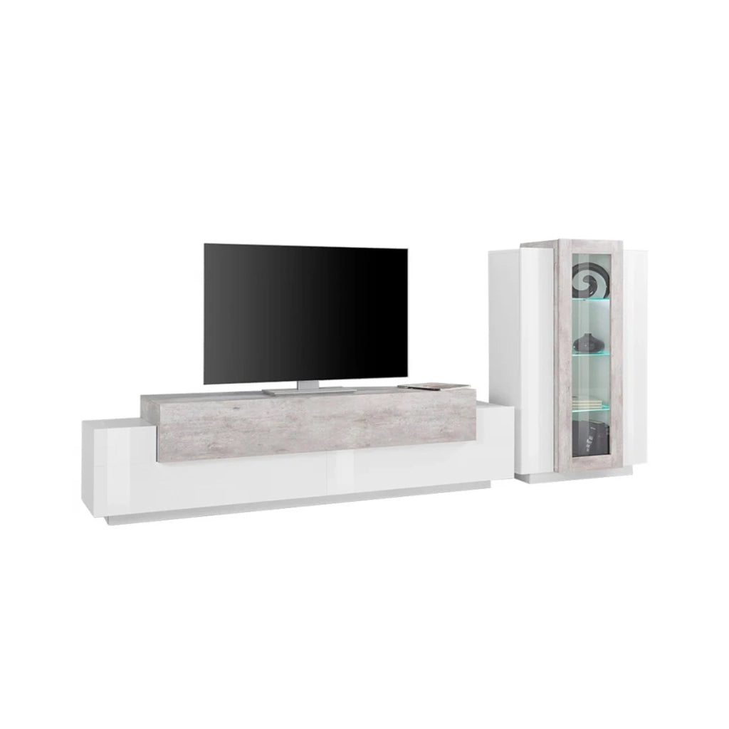 Parete attrezzata da soggiorno Anisia, Made in Italy, Porta TV a luce LED bianca, Set salotto moderno, cm 290x45h121, Bianco lucido e Cemento