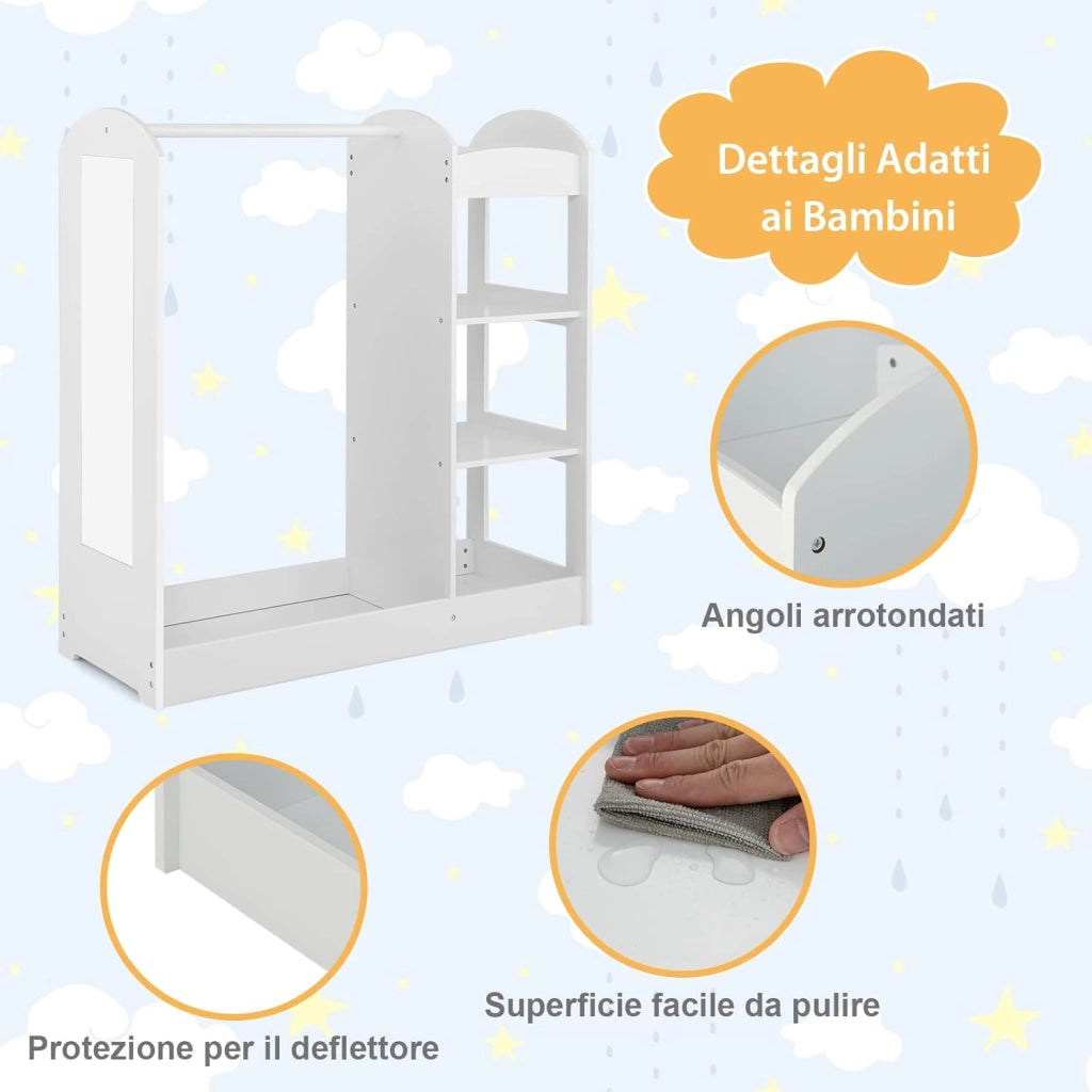 Guardaroba per Bambini in Legno, Mobile per Bambini con Specchio, Appendiabiti e Mensole, Armadio di Stoccaggio per Cameratta dei Bambini, 93,5 x 38 x 100 cm (Bianco)