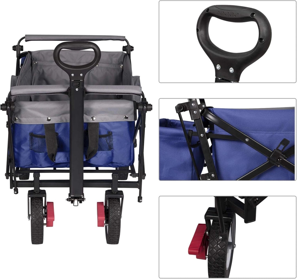 Carrello da Giardino Pieghevole con Tetto Carrello da Trasporto a Mano Rimorchio con 4 Ruote Portata 80 kg, Blu